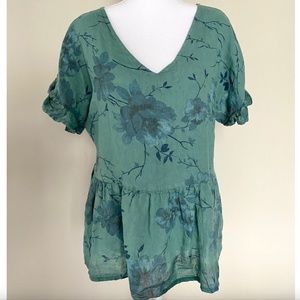 Valentina Naldi Green Floral 100% Linen Top Blouse Made in Italy Sz L